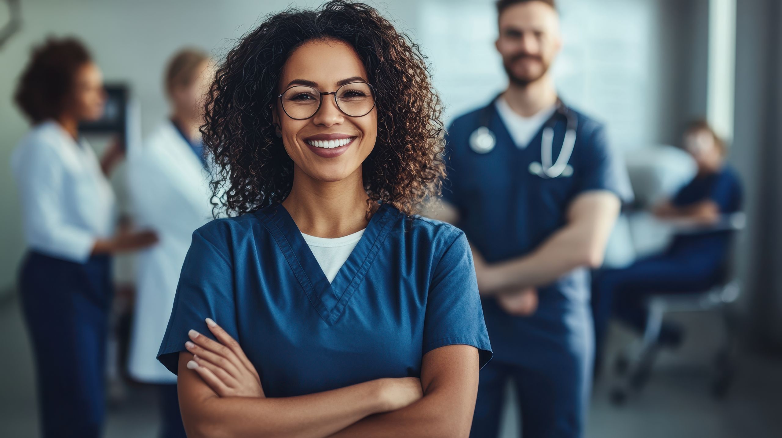 A confident medical professional smiling in a hospital setting, with colleagues in the background, showcasing teamwork and healthcare environment.